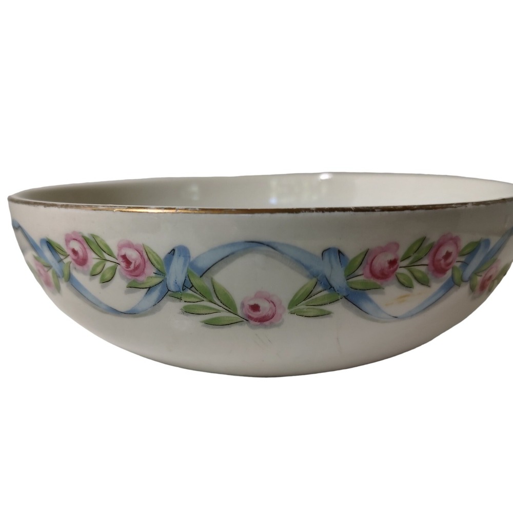 Vintage Halls Serving Bowl Roses and Blue Ribbon Pattern‎ Made In The USA SEE